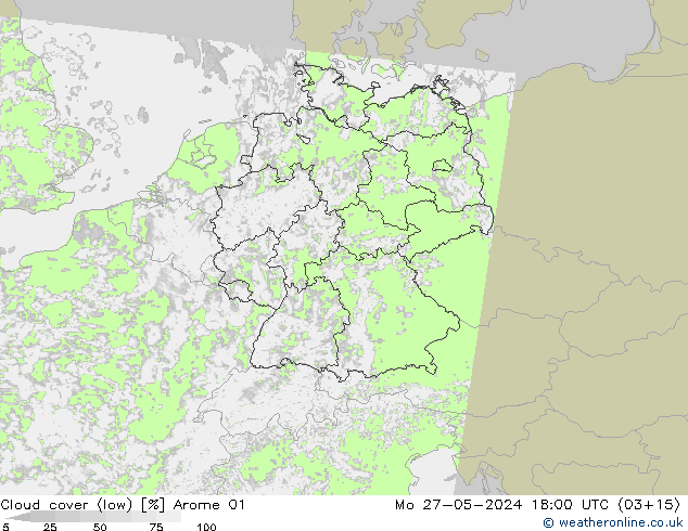 Cloud cover (low) Arome 01 Mo 27.05.2024 18 UTC