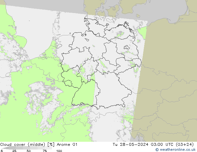 Cloud cover (middle) Arome 01 Tu 28.05.2024 03 UTC