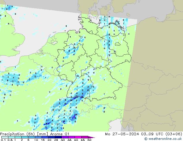 Totale neerslag (6h) Arome 01 ma 27.05.2024 09 UTC