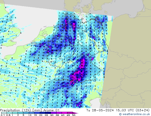 Precipitación (12h) Arome 01 mar 28.05.2024 03 UTC