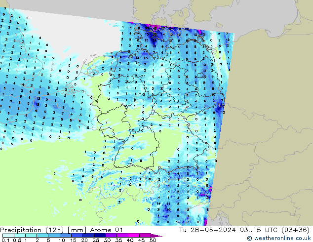 Précipitation (12h) Arome 01 mar 28.05.2024 15 UTC