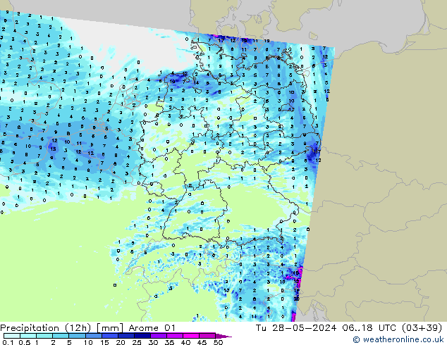 Yağış (12h) Arome 01 Sa 28.05.2024 18 UTC