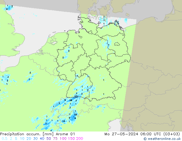 Precipitation accum. Arome 01 pon. 27.05.2024 06 UTC