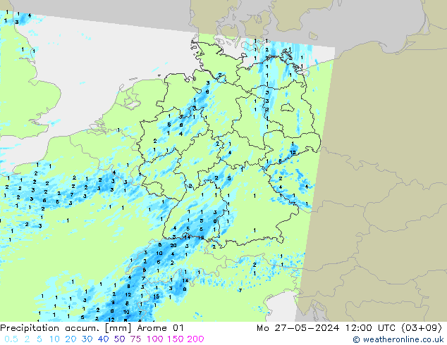 Precipitation accum. Arome 01 lun 27.05.2024 12 UTC