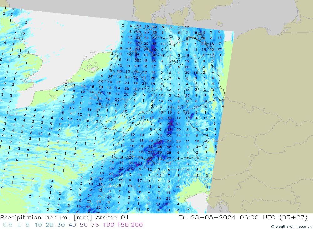 Precipitation accum. Arome 01 Tu 28.05.2024 06 UTC