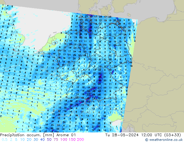 Precipitation accum. Arome 01 mar 28.05.2024 12 UTC