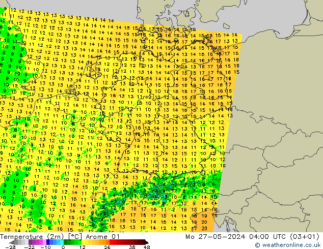 Temperatura (2m) Arome 01 lun 27.05.2024 04 UTC