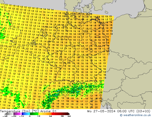 карта температуры Arome 01 пн 27.05.2024 06 UTC