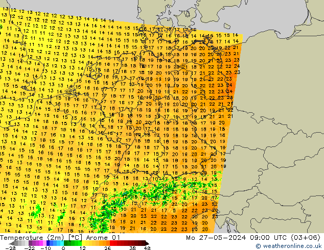 Temperatuurkaart (2m) Arome 01 ma 27.05.2024 09 UTC