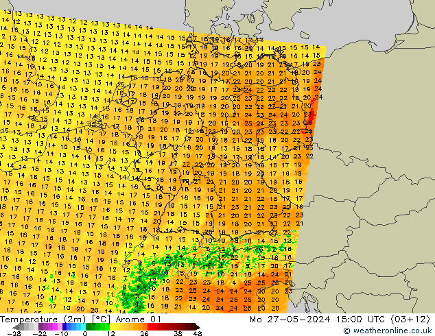 Temperatuurkaart (2m) Arome 01 ma 27.05.2024 15 UTC