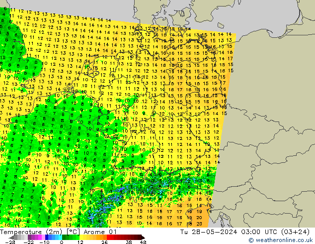 Temperatuurkaart (2m) Arome 01 di 28.05.2024 03 UTC