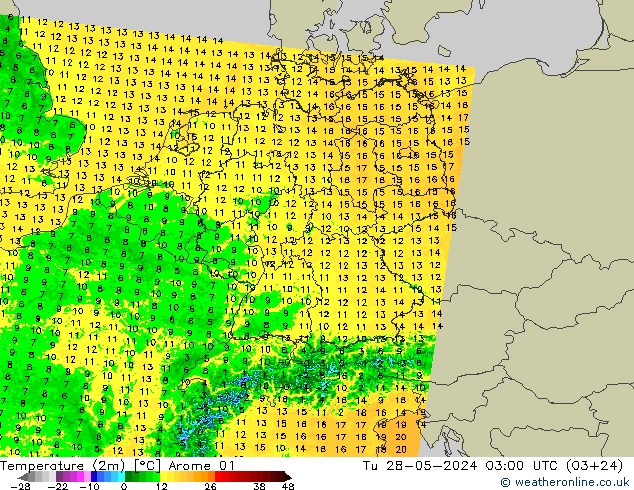 Temperaturkarte (2m) Arome 01 Di 28.05.2024 03 UTC