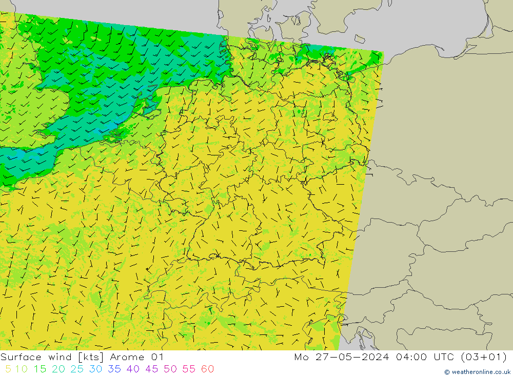 wiatr 10 m Arome 01 pon. 27.05.2024 04 UTC