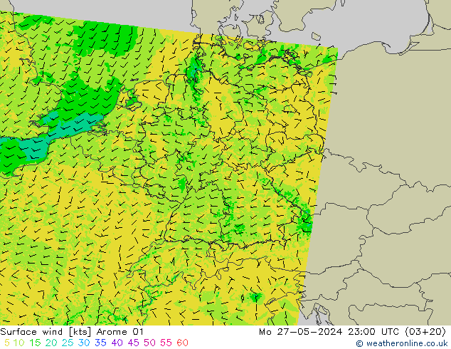 wiatr 10 m Arome 01 pon. 27.05.2024 23 UTC