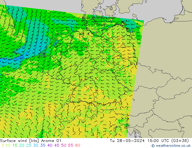 Viento 10 m Arome 01 mar 28.05.2024 15 UTC