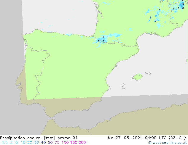 Precipitation accum. Arome 01 Mo 27.05.2024 04 UTC