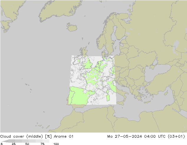 Cloud cover (middle) Arome 01 Mo 27.05.2024 04 UTC