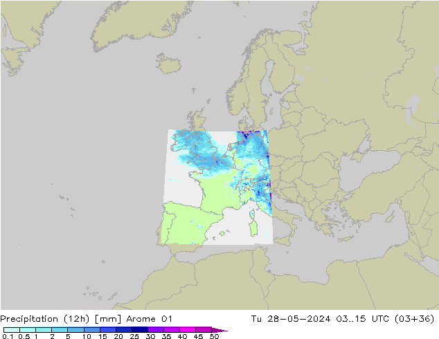 Precipitation (12h) Arome 01 Tu 28.05.2024 15 UTC