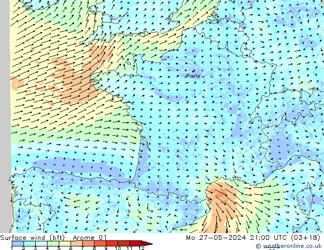 Surface wind (bft) Arome 01 Mo 27.05.2024 21 UTC