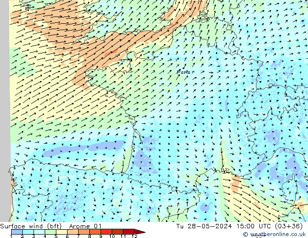 Surface wind (bft) Arome 01 Tu 28.05.2024 15 UTC