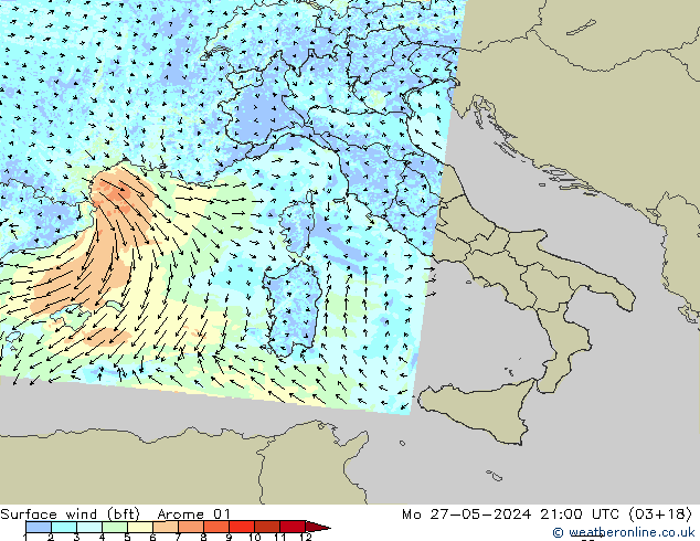 Vento 10 m (bft) Arome 01 lun 27.05.2024 21 UTC