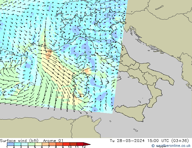  10 m (bft) Arome 01  28.05.2024 15 UTC