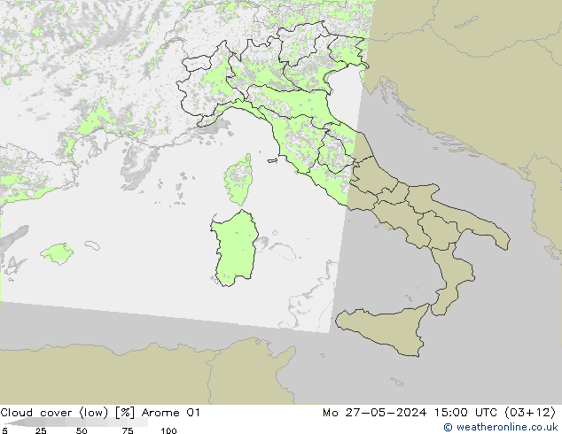 Cloud cover (low) Arome 01 Mo 27.05.2024 15 UTC