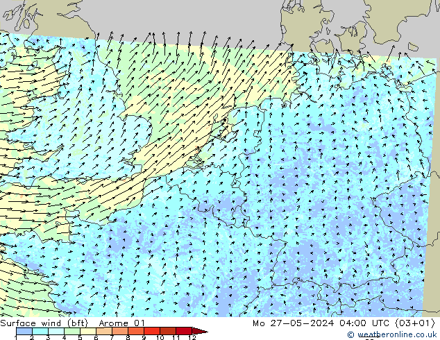 Viento 10 m (bft) Arome 01 lun 27.05.2024 04 UTC