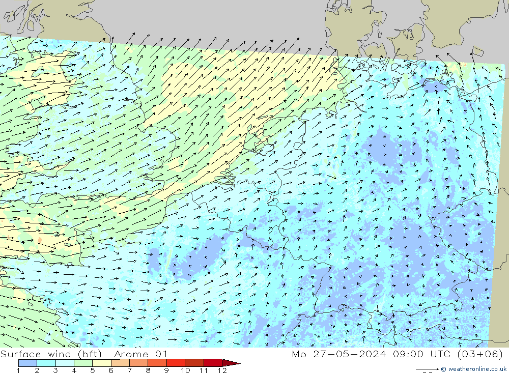 Wind 10 m (bft) Arome 01 ma 27.05.2024 09 UTC