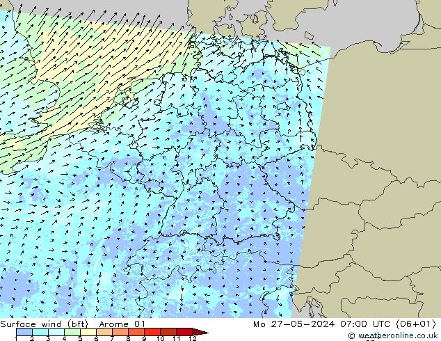 wiatr 10 m (bft) Arome 01 pon. 27.05.2024 07 UTC