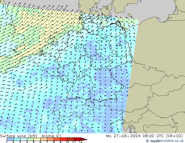 Bodenwind (bft) Arome 01 Mo 27.05.2024 08 UTC