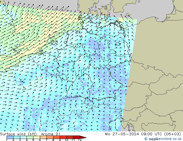 Bodenwind (bft) Arome 01 Mo 27.05.2024 09 UTC