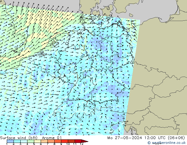 Vent 10 m (bft) Arome 01 lun 27.05.2024 12 UTC