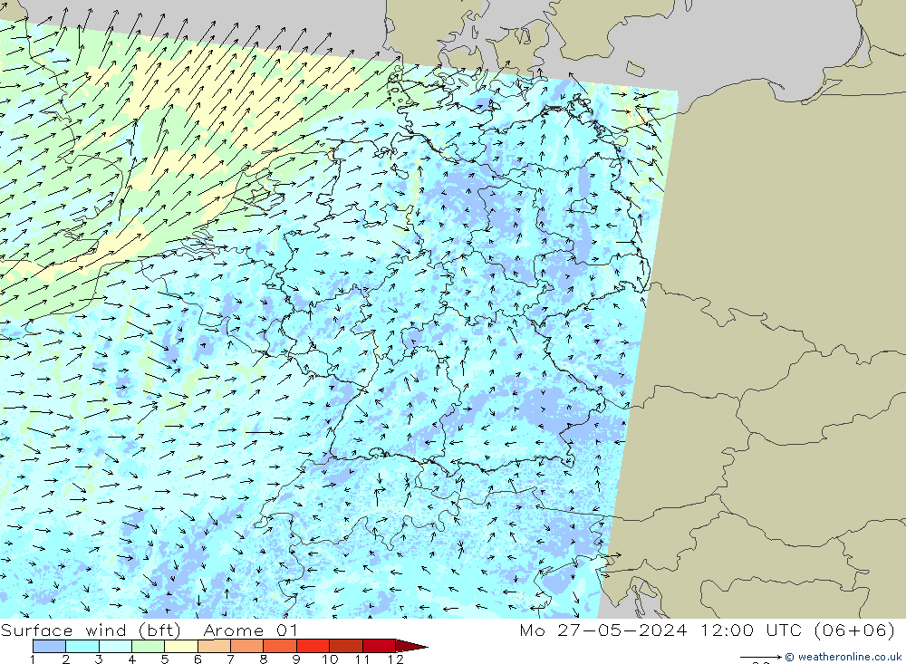 Wind 10 m (bft) Arome 01 ma 27.05.2024 12 UTC