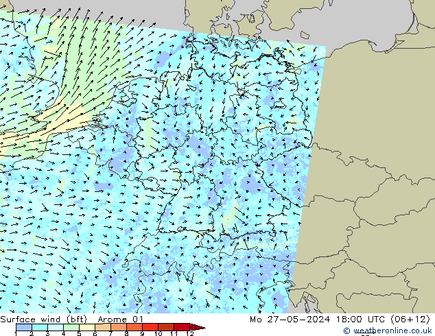 Wind 10 m (bft) Arome 01 ma 27.05.2024 18 UTC