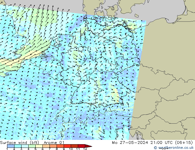 Rüzgar 10 m (bft) Arome 01 Pzt 27.05.2024 21 UTC