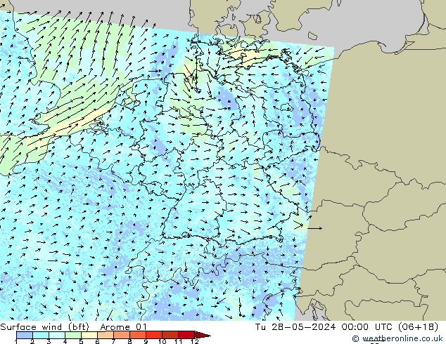 Wind 10 m (bft) Arome 01 di 28.05.2024 00 UTC