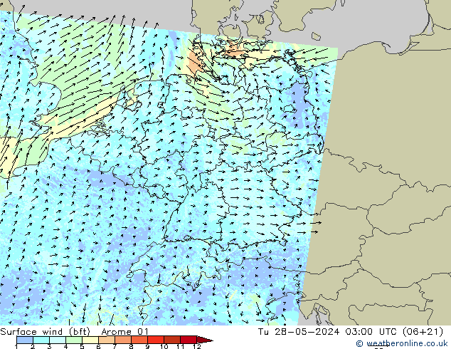 �N 10 米 (bft) Arome 01 星期二 28.05.2024 03 UTC