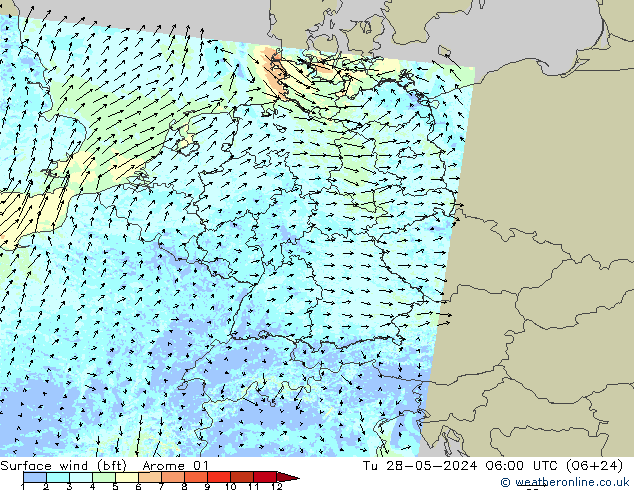 Surface wind (bft) Arome 01 Tu 28.05.2024 06 UTC