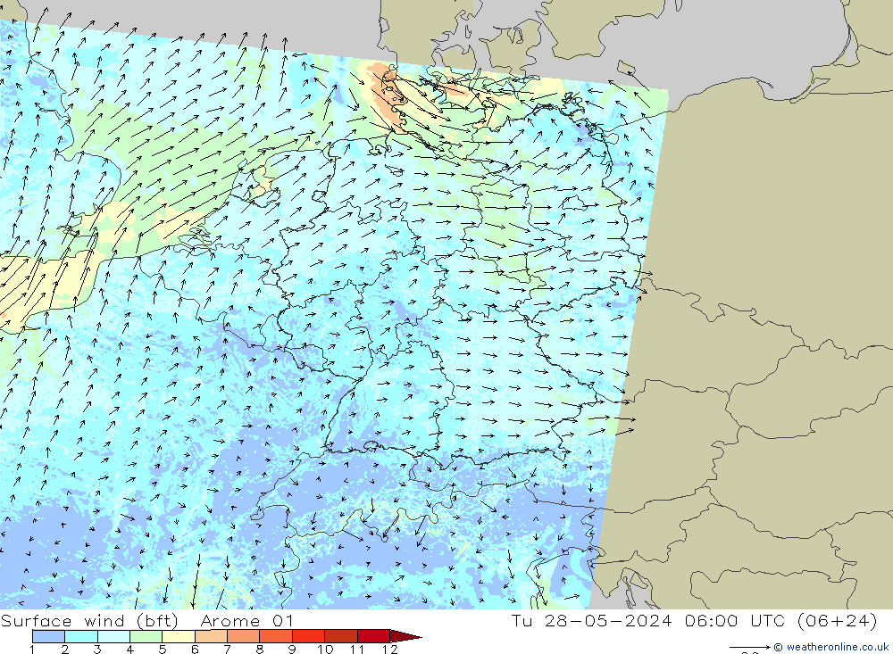 Surface wind (bft) Arome 01 Tu 28.05.2024 06 UTC