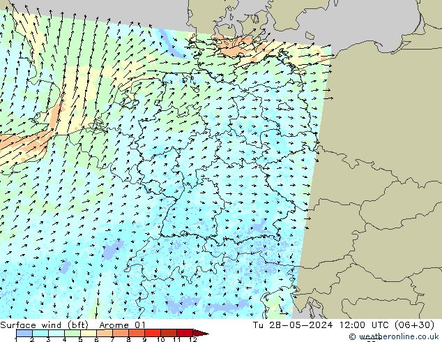 Viento 10 m (bft) Arome 01 mar 28.05.2024 12 UTC