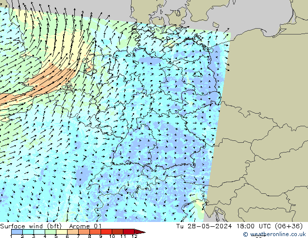Surface wind (bft) Arome 01 Tu 28.05.2024 18 UTC