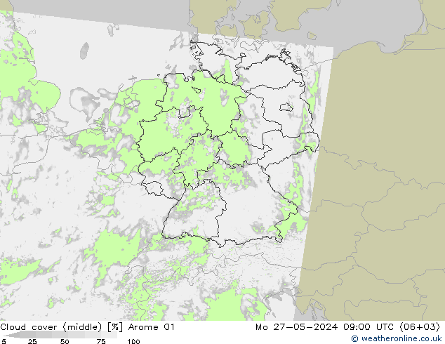 Cloud cover (middle) Arome 01 Mo 27.05.2024 09 UTC