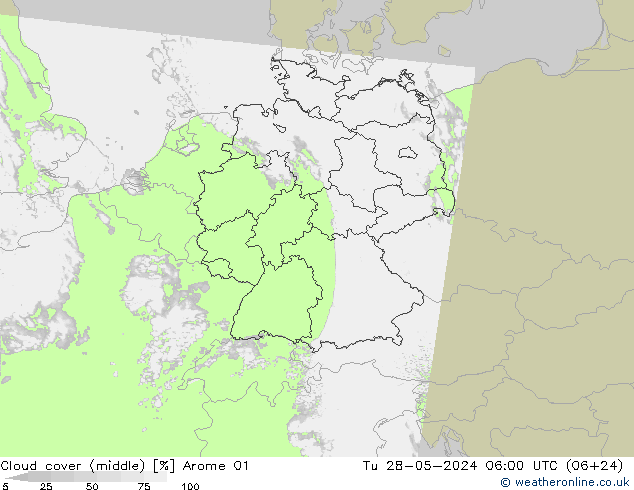 Cloud cover (middle) Arome 01 Tu 28.05.2024 06 UTC