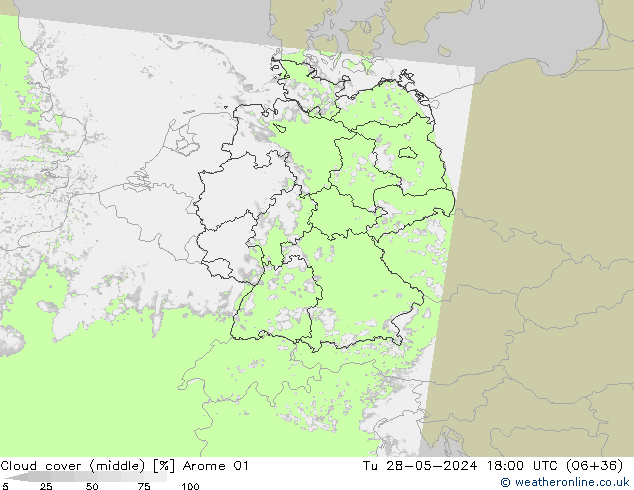 Cloud cover (middle) Arome 01 Tu 28.05.2024 18 UTC