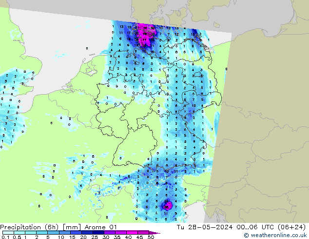 Precipitation (6h) Arome 01 Út 28.05.2024 06 UTC