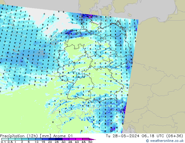 Precipitation (12h) Arome 01 Út 28.05.2024 18 UTC