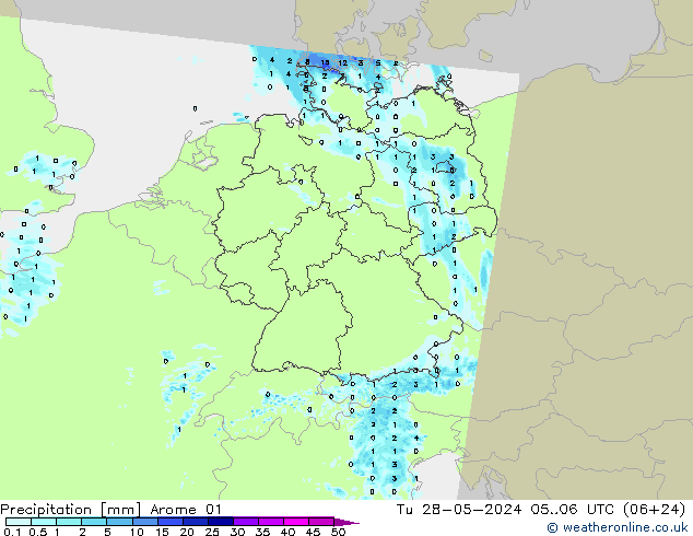 Srážky Arome 01 Út 28.05.2024 06 UTC