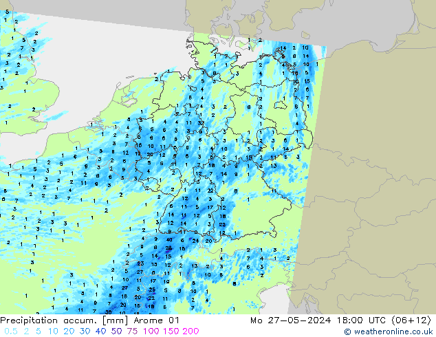 Totale neerslag Arome 01 ma 27.05.2024 18 UTC