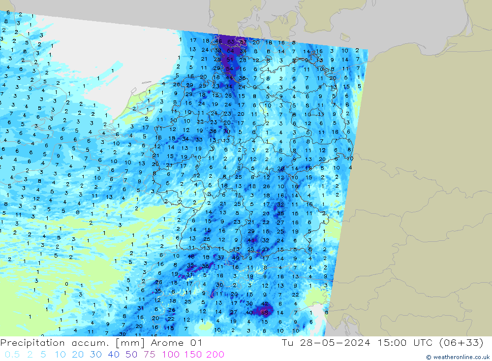 Precipitation accum. Arome 01 Tu 28.05.2024 15 UTC